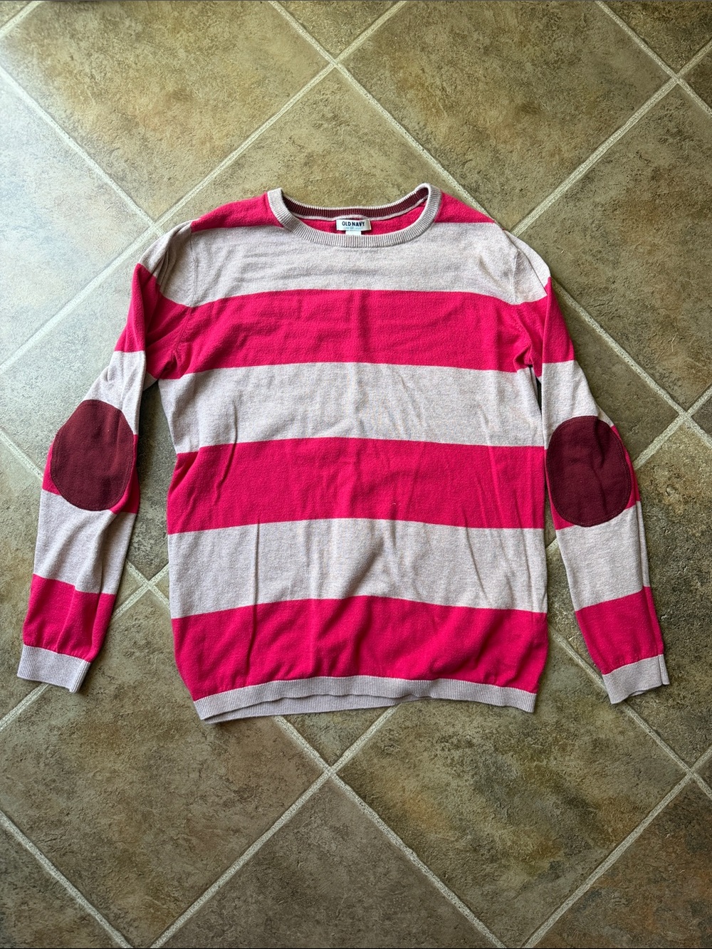 Old Navy womens Striped Crewneck Sweater in Fuchsia and Cream with Elbow Patches